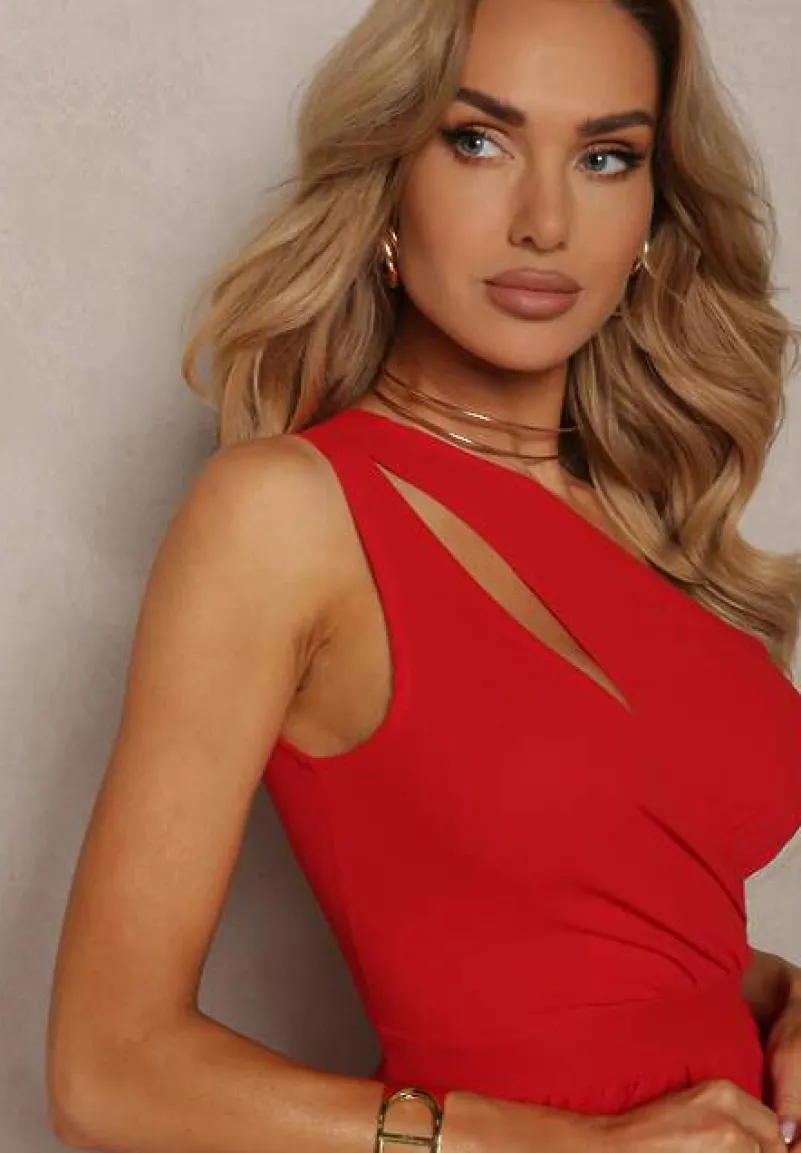 Czerwona Asymetryczna Sukienka Rozkloszowana Maxi Adavia