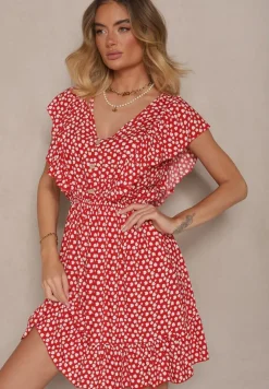 Czerwona Bawełniana Sukienka o Rozkloszowanym Kroju z Guzikami w Kwiatowy Wzór Roniva