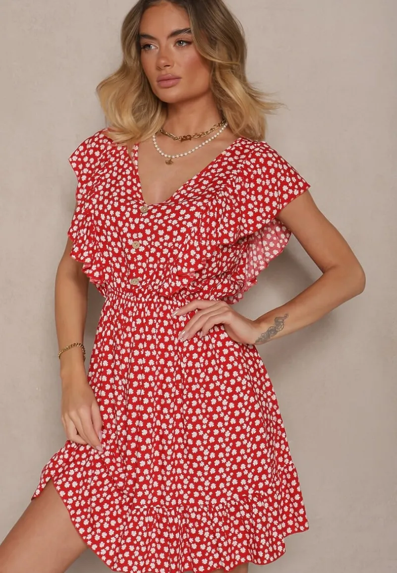 Czerwona Bawełniana Sukienka o Rozkloszowanym Kroju z Guzikami w Kwiatowy Wzór Roniva