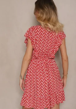 Czerwona Bawełniana Sukienka o Rozkloszowanym Kroju z Guzikami w Kwiatowy Wzór Roniva