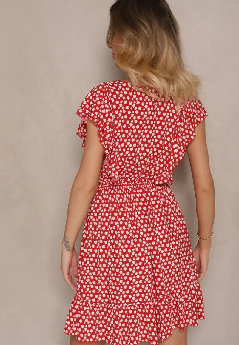 Czerwona Bawełniana Sukienka o Rozkloszowanym Kroju z Guzikami w Kwiatowy Wzór Roniva