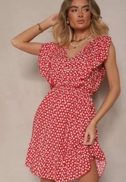 Czerwona Bawełniana Sukienka o Rozkloszowanym Kroju z Guzikami w Kwiatowy Wzór Roniva