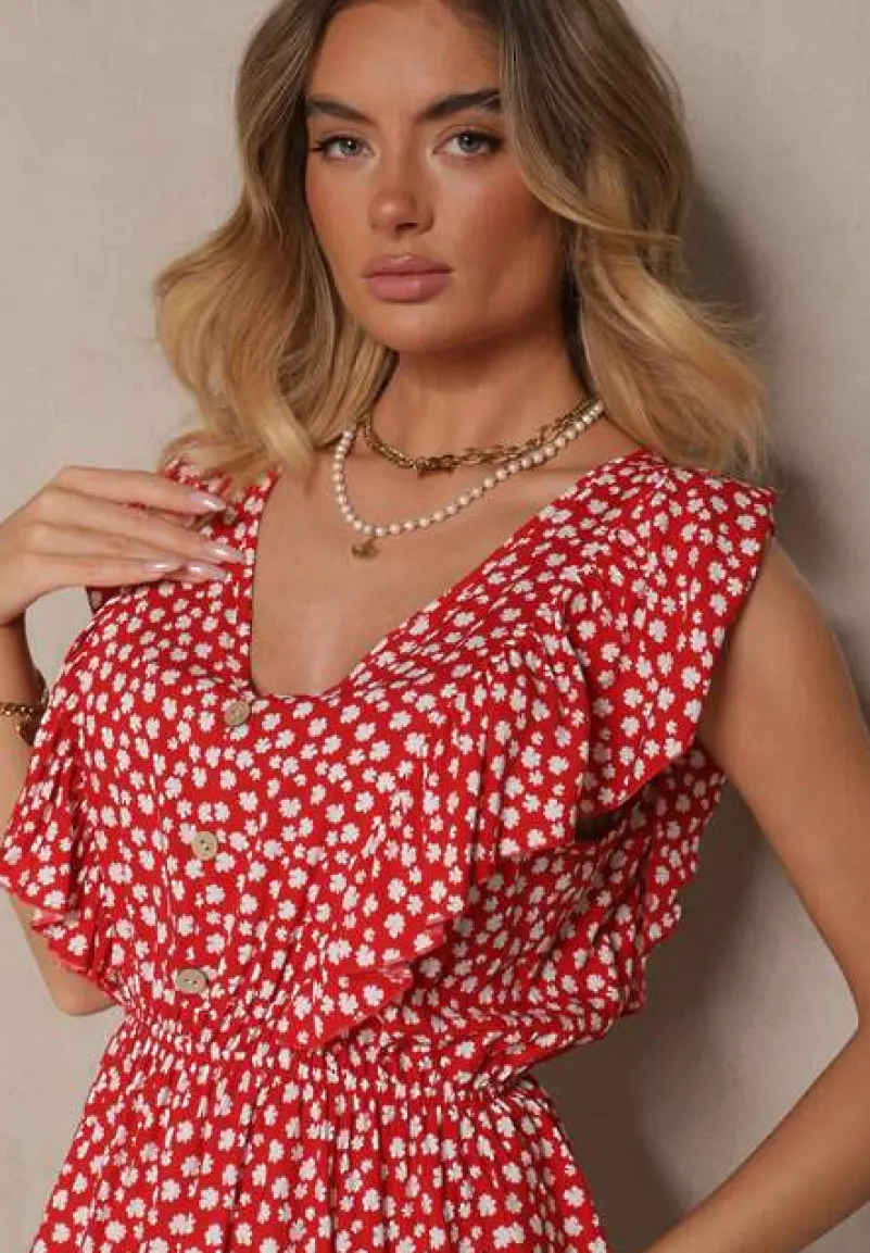 Czerwona Bawełniana Sukienka o Rozkloszowanym Kroju z Guzikami w Kwiatowy Wzór Roniva