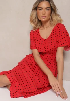 Czerwona Bawełniana Sukienka o Rozkloszowanym Fasonie w Kropki Tolimirae