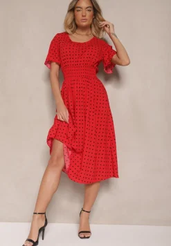 Czerwona Bawełniana Sukienka o Rozkloszowanym Fasonie w Kropki Tolimirae