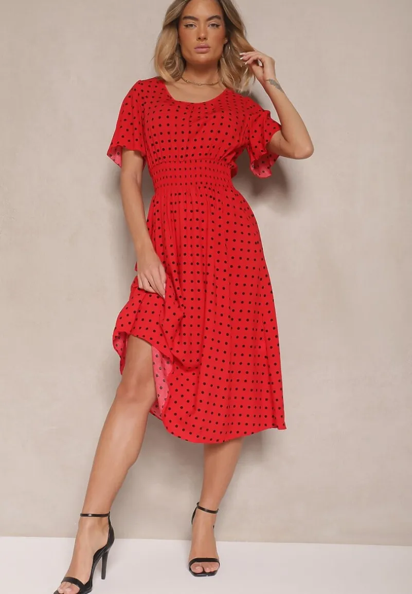 Czerwona Bawełniana Sukienka o Rozkloszowanym Fasonie w Kropki Tolimirae