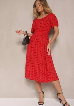 Czerwona Bawełniana Sukienka o Rozkloszowanym Fasonie w Kropki Tolimirae