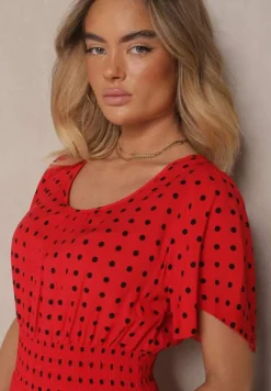 Czerwona Bawełniana Sukienka o Rozkloszowanym Fasonie w Kropki Tolimirae