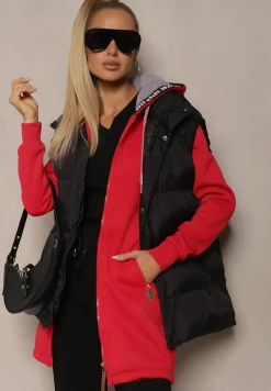 Czerwona Bluza Długa z Kapturem Ozdobionym Napisami Sinellina