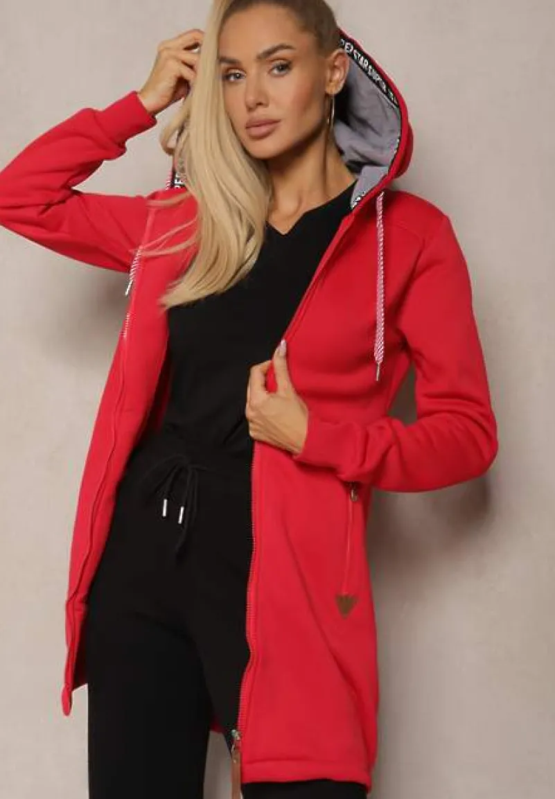 Czerwona Bluza Długa z Kapturem Ozdobionym Napisami Sinellina