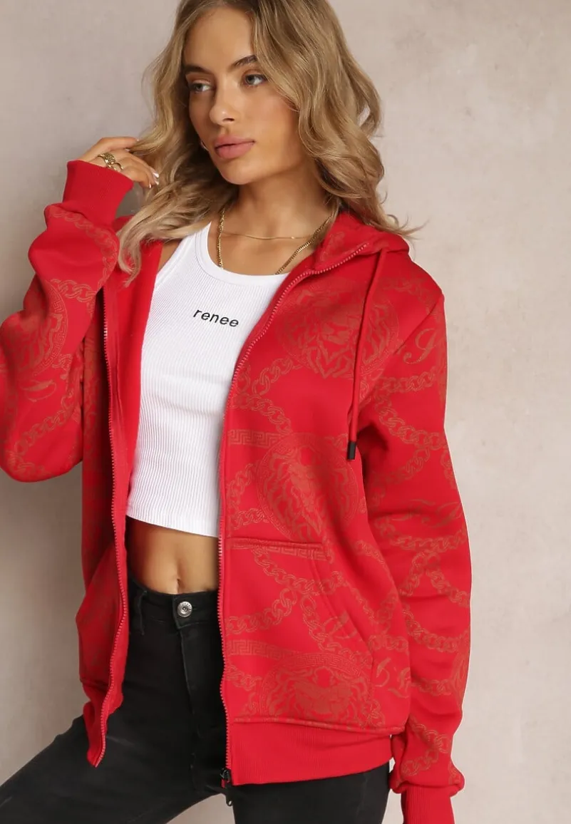 Czerwona Bluza z Nadrukiem i Kapturem Lophia