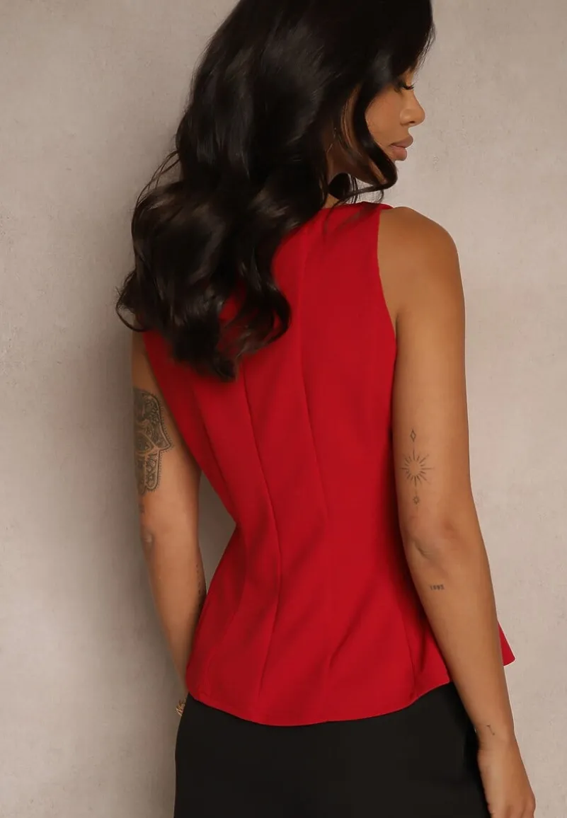 Czerwona Bluzka Bez Rękawów z Wiskozą Zdobiona Baskinką Linoreina