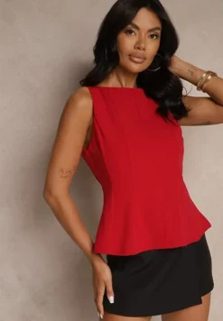 Czerwona Bluzka Bez Rękawów z Wiskozą Zdobiona Baskinką Linoreina