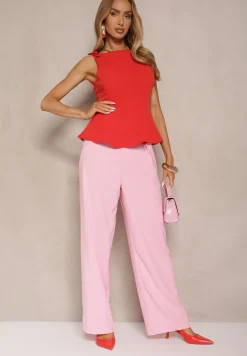 Czerwona Bluzka Bez Rękawów z Ozdobnymi Kokardkami na Ramionach i Baskinką Linirea