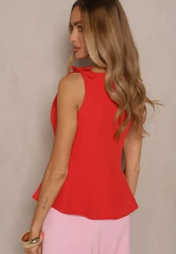 Czerwona Bluzka Bez Rękawów z Ozdobnymi Kokardkami na Ramionach i Baskinką Linirea
