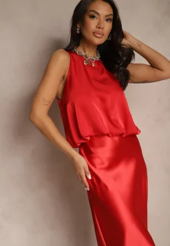 Czerwona Bluzka Bombka Bez Rękawów z Brokatową Lamówką przy Dekolcie Alarilis