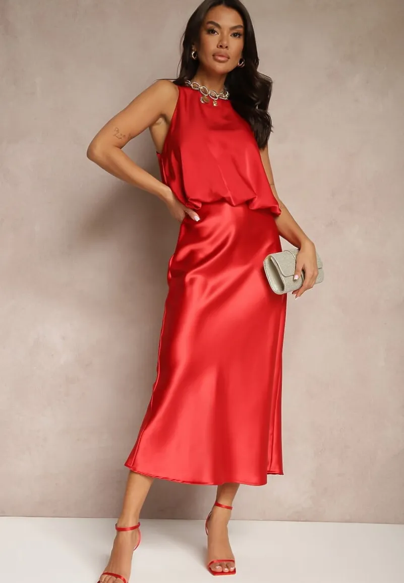 Czerwona Bluzka Bombka Bez Rękawów z Brokatową Lamówką przy Dekolcie Alarilis