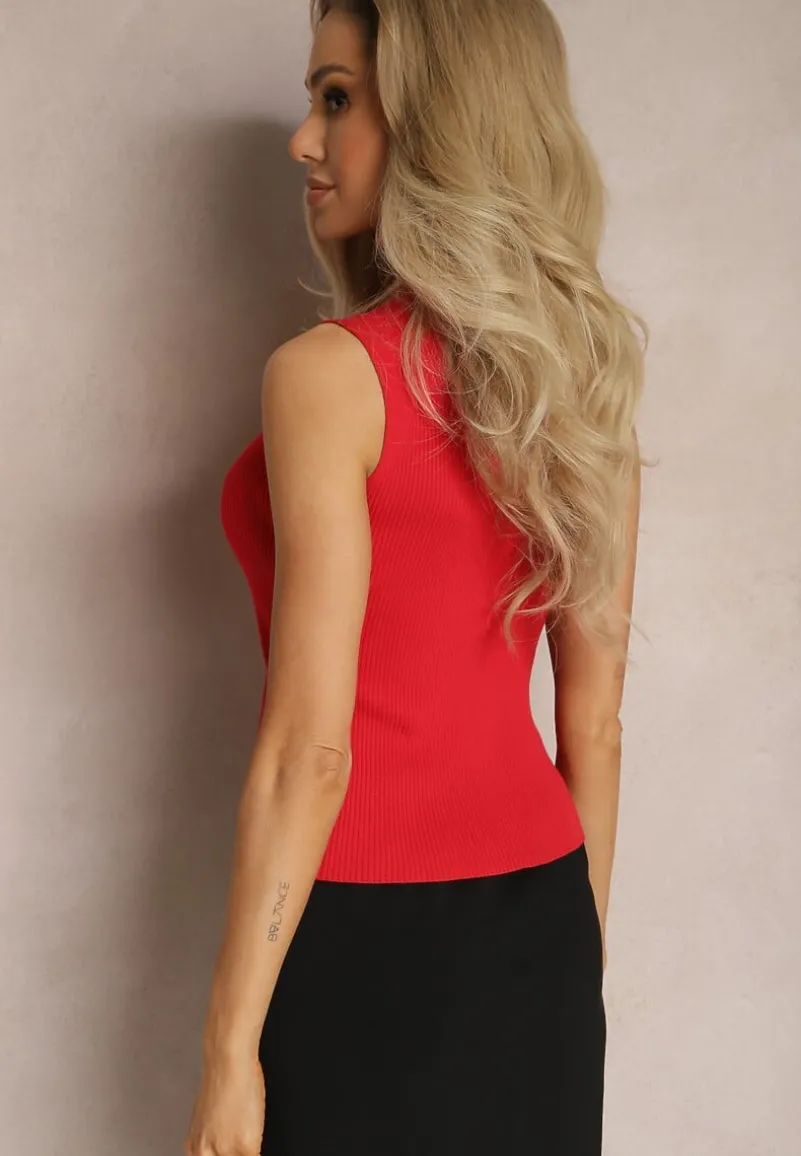 Czerwona Bluzka z Elastycznego Materiału bez Rękawów z Golfem Merdia