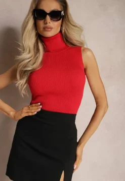 Czerwona Bluzka z Elastycznego Materiału bez Rękawów z Golfem Merdia