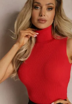 Czerwona Bluzka z Elastycznego Materiału bez Rękawów z Golfem Merdia