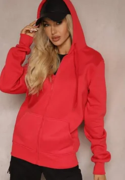 Czerwona Casualowa Rozpinana Bluza z Kapturem i Polarem Shuberta