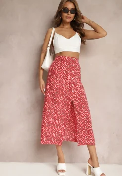 Czerwona Casualowa Spódnica Ozdobiona Guzikami i Wycięciem Fiada