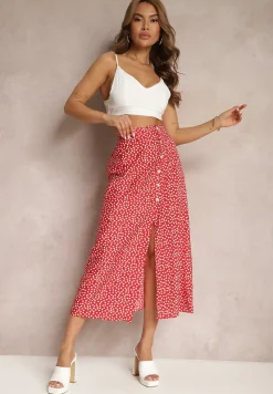 Czerwona Casualowa Spódnica Ozdobiona Guzikami i Wycięciem Fiada