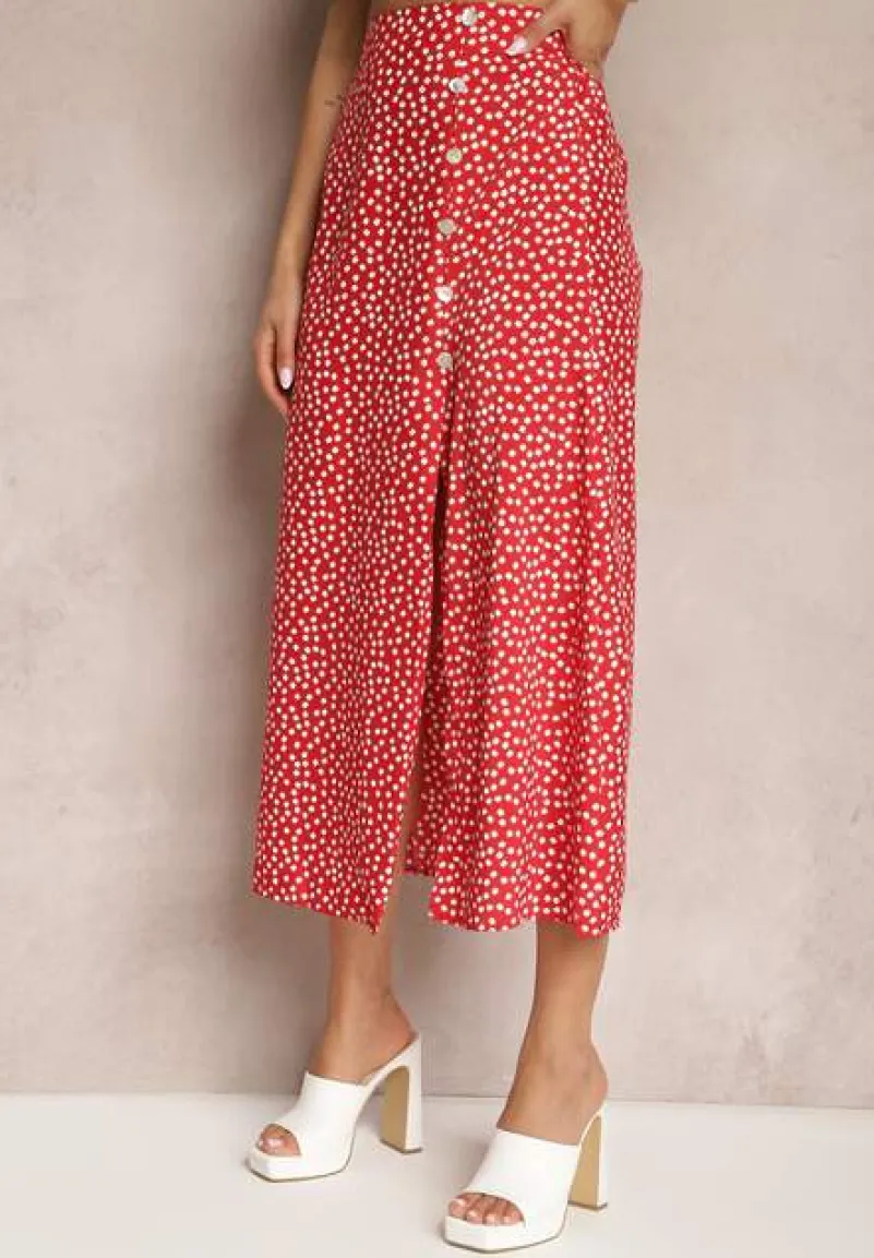 Czerwona Casualowa Spódnica Ozdobiona Guzikami i Wycięciem Fiada