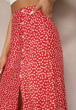 Czerwona Casualowa Spódnica Ozdobiona Guzikami i Wycięciem Fiada