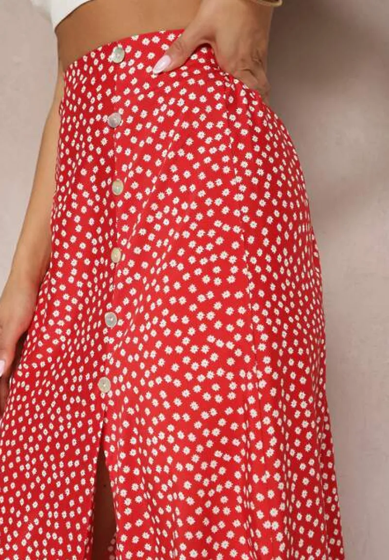 Czerwona Casualowa Spódnica Ozdobiona Guzikami i Wycięciem Fiada