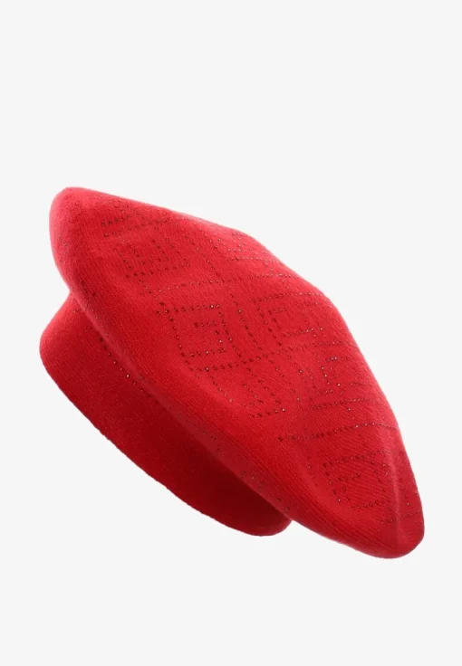 Czerwona Czapka Beret z Geometrycznym Wzorem z Cyrkoniami Holindia