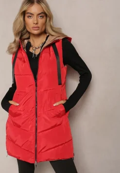Czerwona Długa Kamizelka Pikowana Dwustronna ze Sznurkami przy Kapturze Frenila