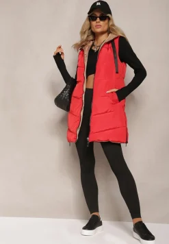 Czerwona Długa Kamizelka Pikowana Dwustronna ze Sznurkami przy Kapturze Frenila