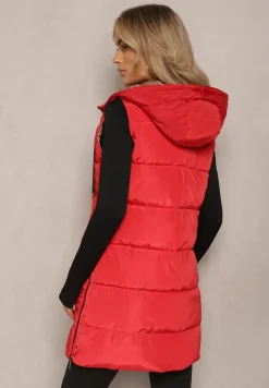 Czerwona Długa Kamizelka Pikowana Dwustronna ze Sznurkami przy Kapturze Frenila