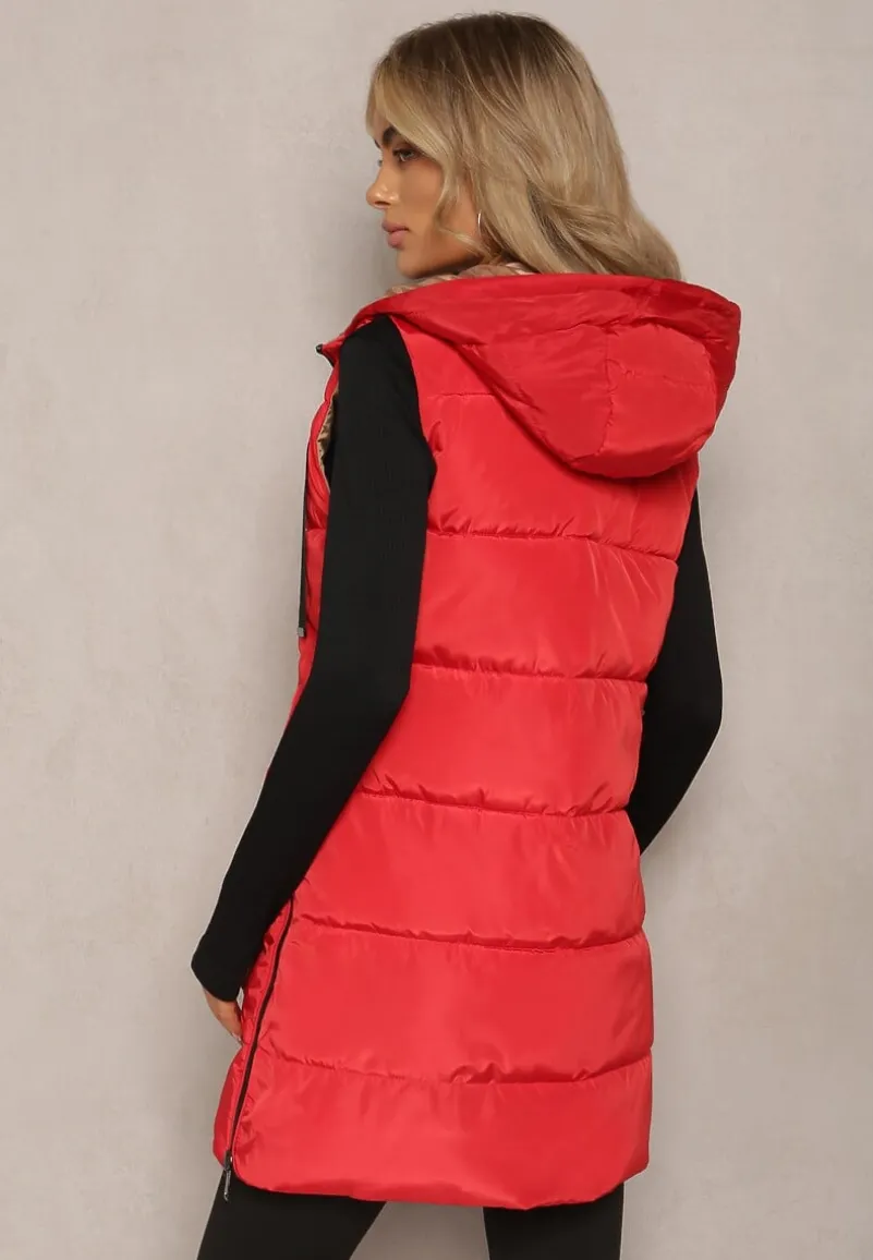 Czerwona Długa Kamizelka Pikowana Dwustronna ze Sznurkami przy Kapturze Frenila