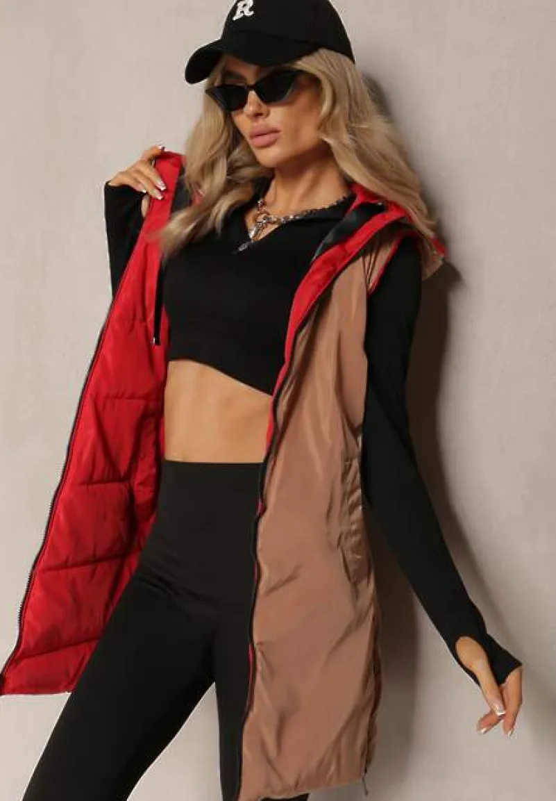 Czerwona Długa Kamizelka Pikowana Dwustronna ze Sznurkami przy Kapturze Frenila