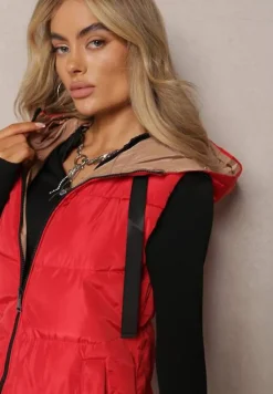 Czerwona Długa Kamizelka Pikowana Dwustronna ze Sznurkami przy Kapturze Frenila