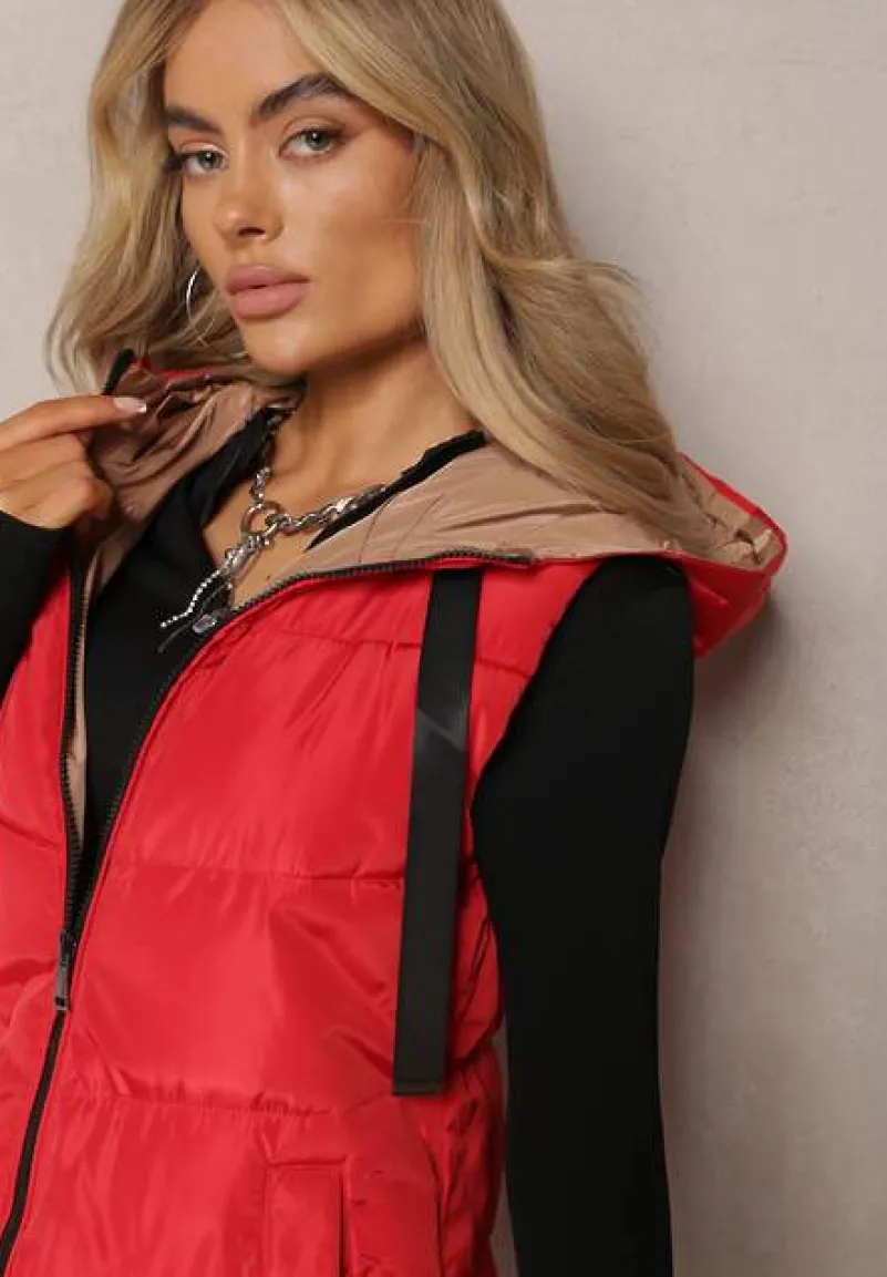 Czerwona Długa Kamizelka Pikowana Dwustronna ze Sznurkami przy Kapturze Frenila