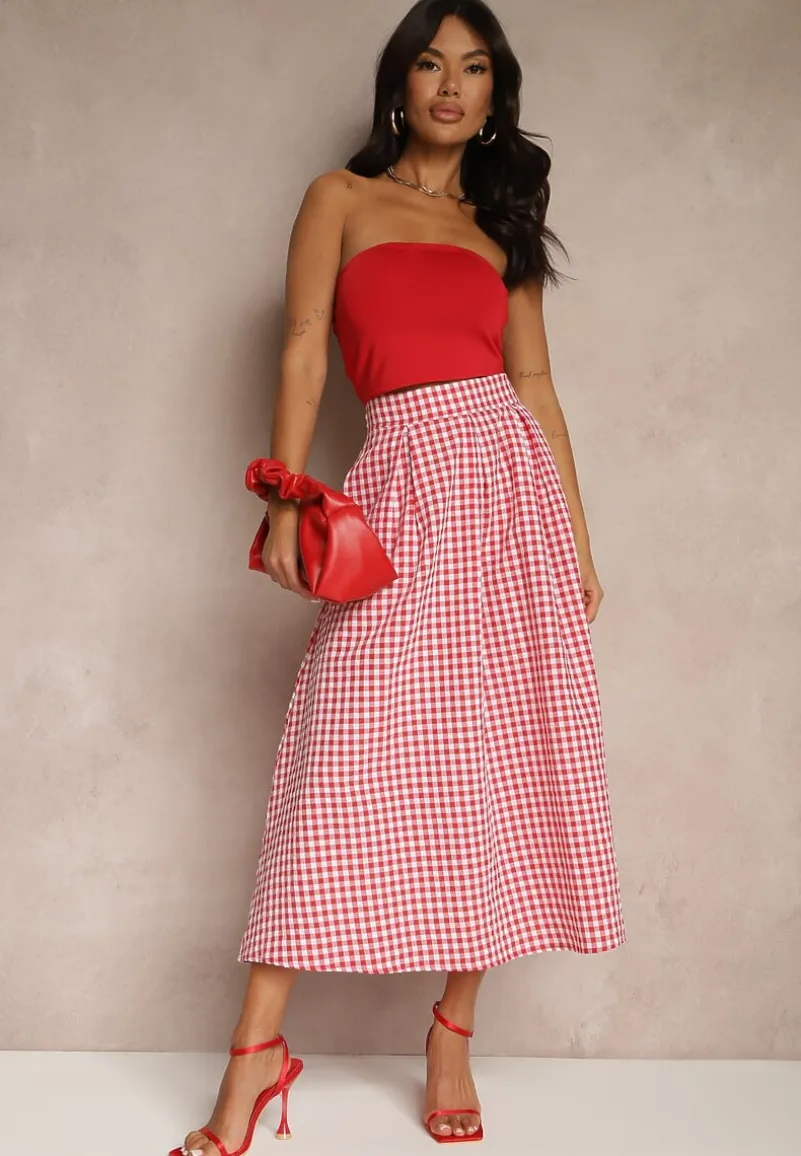 Czerwona Długa Spódnica z Bawełną w Kratkę o Rozkloszowanym Fasonie Leandiwen