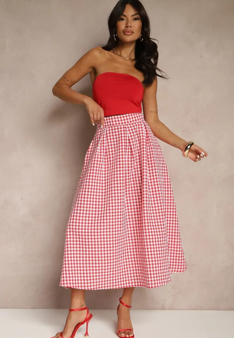 Czerwona Długa Spódnica z Bawełną w Kratkę o Rozkloszowanym Fasonie Leandiwen