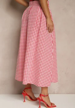 Czerwona Długa Spódnica z Bawełną w Kratkę o Rozkloszowanym Fasonie Leandiwen
