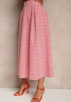 Czerwona Długa Spódnica z Bawełną w Kratkę o Rozkloszowanym Fasonie Leandiwen