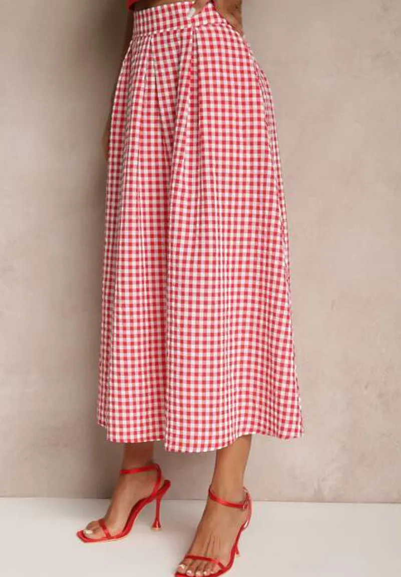 Czerwona Długa Spódnica z Bawełną w Kratkę o Rozkloszowanym Fasonie Leandiwen