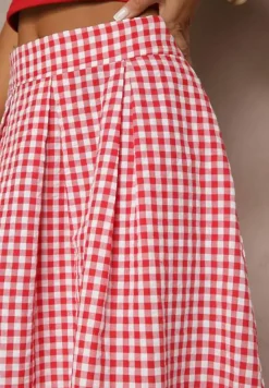 Czerwona Długa Spódnica z Bawełną w Kratkę o Rozkloszowanym Fasonie Leandiwen