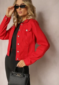 Czerwona Jeansowa Kurtka z Bawełny z Guzikami i Kieszeniami Ainztia