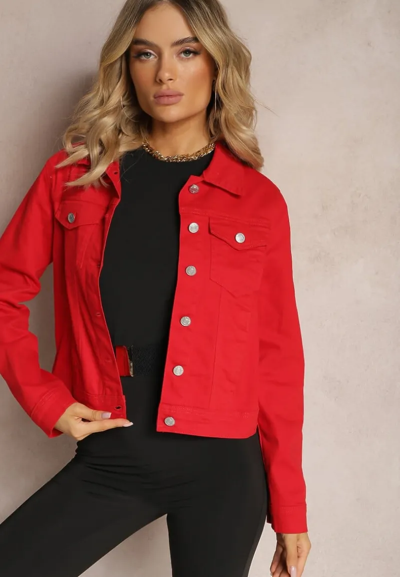 Czerwona Jeansowa Kurtka z Bawełny z Guzikami i Kieszeniami Ainztia