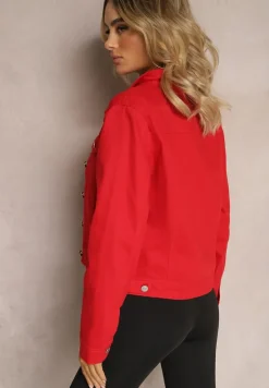 Czerwona Jeansowa Kurtka z Bawełny z Guzikami i Kieszeniami Ainztia