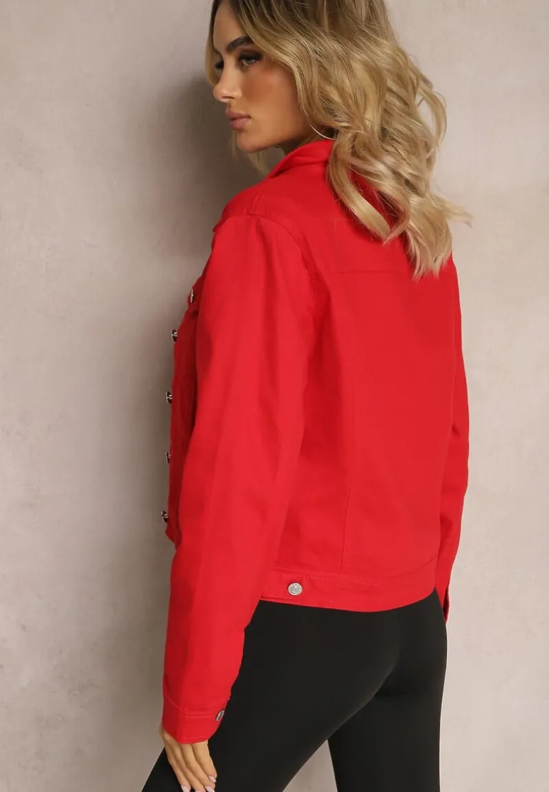 Czerwona Jeansowa Kurtka z Bawełny z Guzikami i Kieszeniami Ainztia