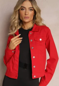 Czerwona Jeansowa Kurtka z Bawełny z Guzikami i Kieszeniami Ainztia