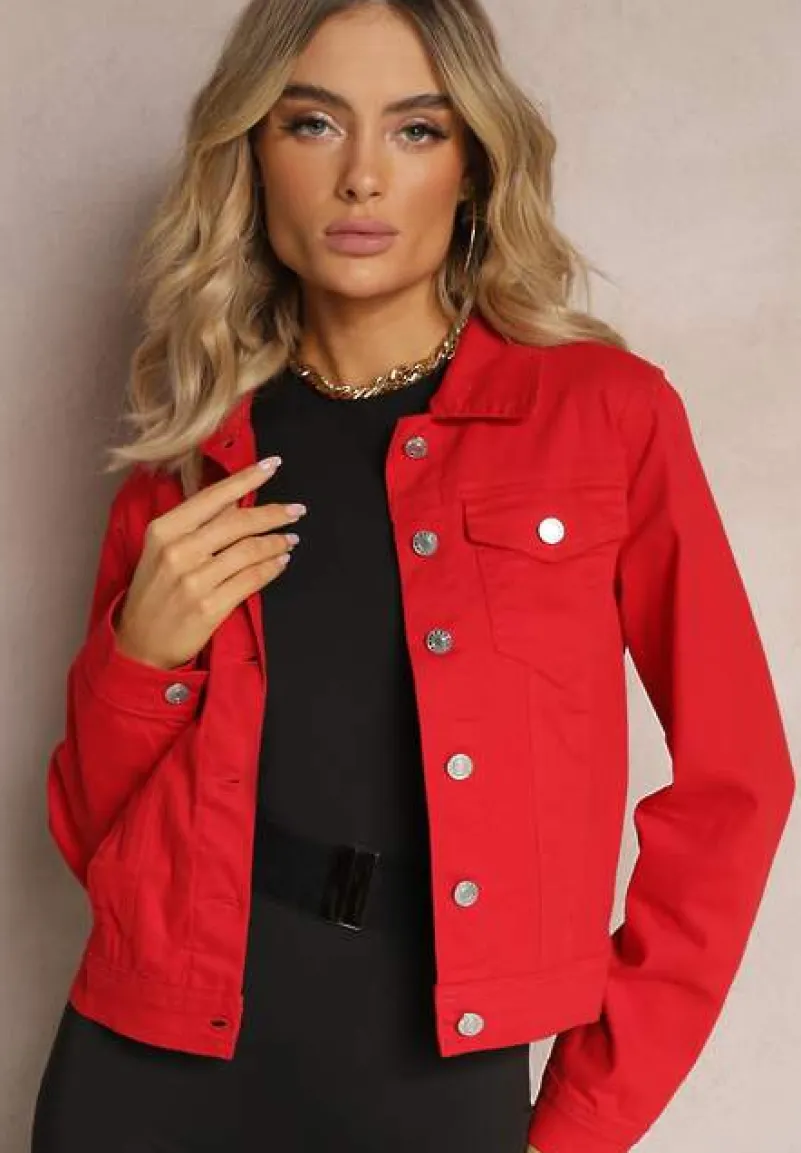 Czerwona Jeansowa Kurtka z Bawełny z Guzikami i Kieszeniami Ainztia